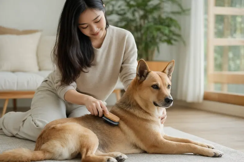 Ein Jindo Hund wird in einer hellen Wohnung sanft gebürstet, während sich sein Besitzer liebevoll um die Fellpflege kümmert.