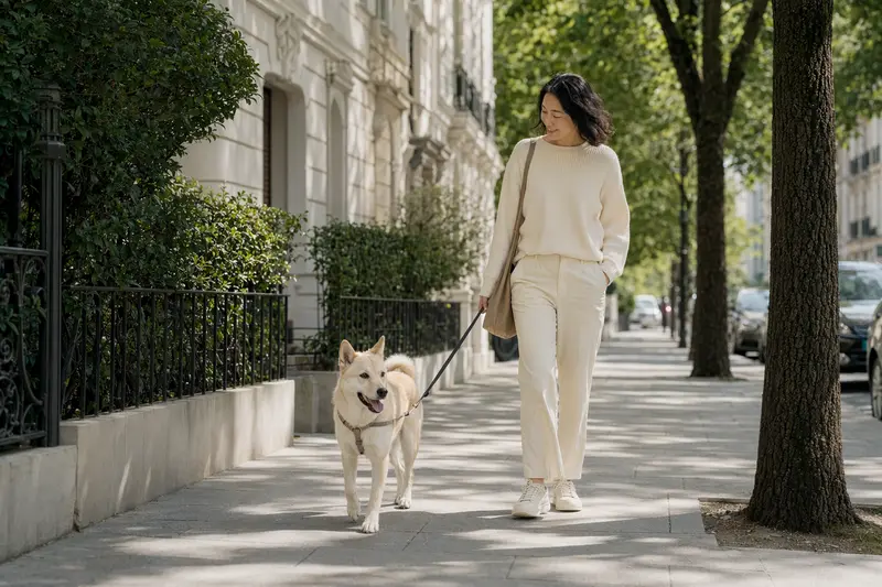 Ein Jindo Hund läuft an der Leine mit seinem Besitzer durch eine moderne Stadtstraße im Alltag.
