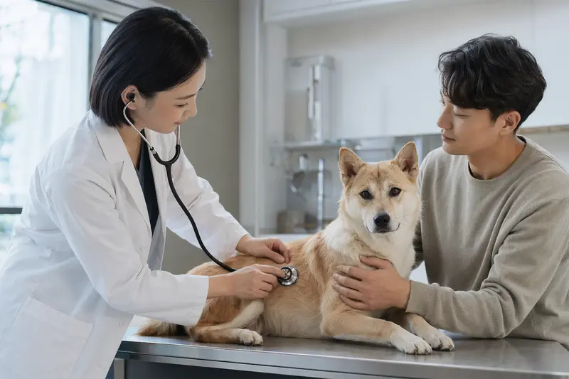 Eine Tierärztin untersucht einen ruhigen Jindo Hund auf dem Untersuchungstisch in einer modernen Tierarztpraxis, während der Besitzer beruhigend danebensteht.
