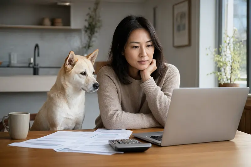 Ein Jindo Hund sitzt ruhig neben seinem Besitzer am Küchentisch mit Versicherungsunterlagen und einem Laptop zur Hundekrankenversicherung.