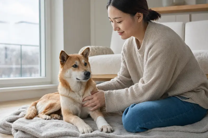 Ein Jindo Hund mit leicht verbundenen Pfote liegt ruhig auf einer Decke, während sein Besitzer erleichtert neben ihm sitzt.
