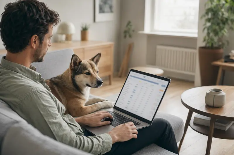 Ein Hundebesitzer sitzt mit einem Jindo-Hund auf dem Sofa und vergleicht Tierversicherungen auf seinem Laptop.