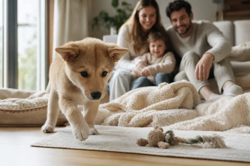 Ein junger Jindo Welpe entdeckt neugierig sein neues Zuhause in einer hellen Wohnung mit weicher Decke und Spielzeug.