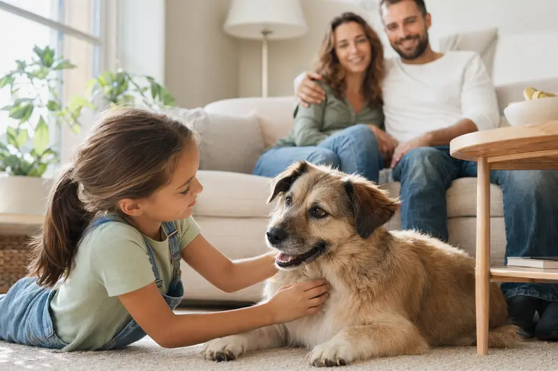 Ein freundlicher Jonangi Hund liegt entspannt neben einem Kind im Wohnzimmer, während Eltern im Hintergrund eine sichere Familienatmosphäre schaffen.