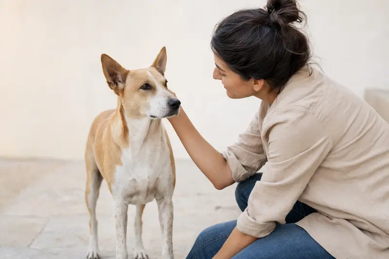 Ein aufmerksamer Jonangi Hund steht vor hellem Hintergrund in natürlicher Haltung und zeigt seine typische Körperform und Fellstruktur.