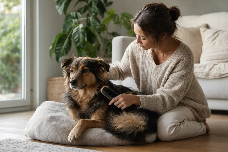 Ein Jonangi Hund wird in einer hellen Wohnung liebevoll gebürstet, was die sanfte Fellpflege und verantwortungsvolle Hundegesundheit zeigt.