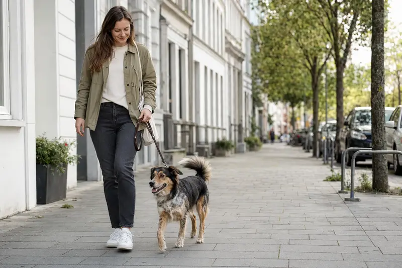 Ein Jonangi Hund läuft entspannt an der Leine mit seinem Besitzer durch eine moderne Stadtstraße.