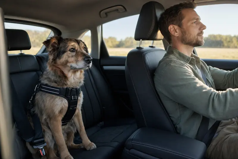 Ein Jonangi Hund sitzt sicher angeschnallt auf der Rückbank eines Autos, während sein Besitzer fährt.