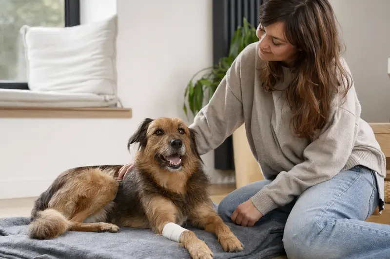 Ein Jonangi Hund mit leichtem Verband an der Pfote liegt entspannt auf einer Decke, während sein Besitzer neben ihm sitzt und erleichtert wirkt.