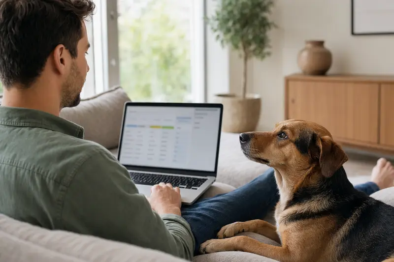 Ein Besitzer sitzt entspannt mit Laptop auf dem Sofa neben einem Jonangi Hund und vergleicht tiergerechte Versicherungen.