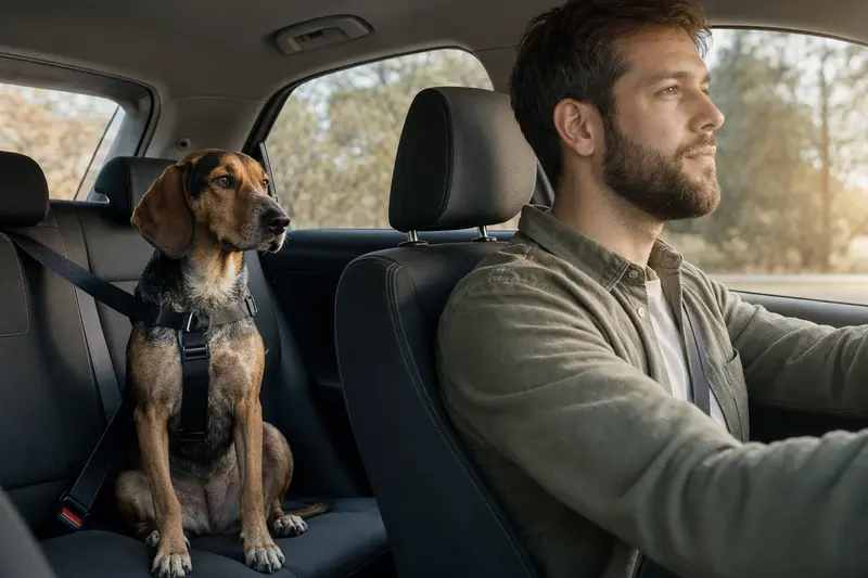 Ein sicher angeschnallter Jugoslavenski Planinski Gonic sitzt auf der Rückbank eines Autos und vermittelt verantwortungsvollen Hundetransport.