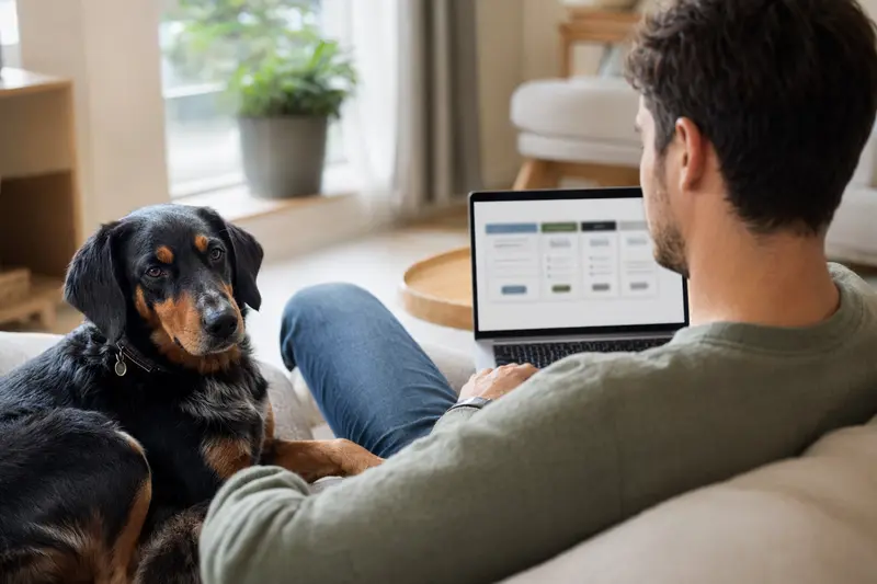 Ein Hundebesitzer sitzt mit einem Laptop auf dem Sofa und vergleicht online Tierversicherungen neben seinem Jugoslavenski Planinski Gonic.