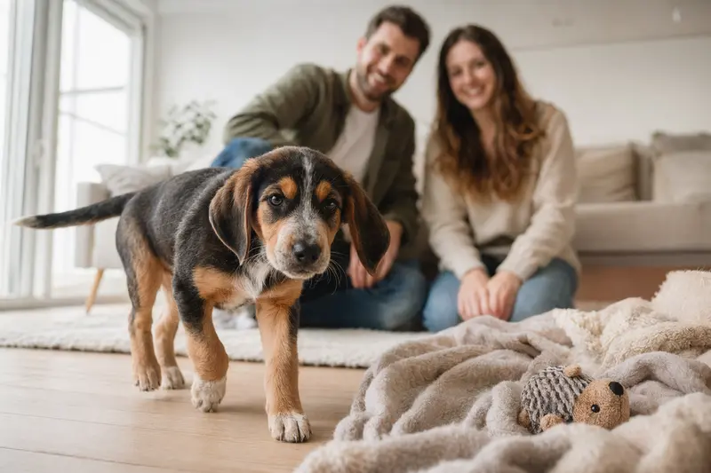 Ein neugieriger Jugoslavenski Planinski Gonic Welpe erkundet sein neues Zuhause auf einer weichen Decke zwischen Spielzeug und einer liebevollen Familie im Hintergrund.