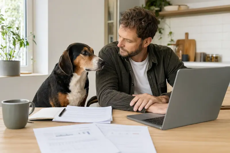 Ein Jugoslavenski Trobojni Gonic Hund sitzt ruhig neben seinem Besitzer am Küchentisch, während Versicherungsunterlagen und ein Laptop mit einer Vergleichsseite auf dem Tisch liegen.