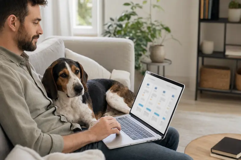 Ein Hund sitzt neben seinem Besitzer auf dem Sofa, während dieser am Laptop arbeitet und einen Versicherungsvergleich prüft.