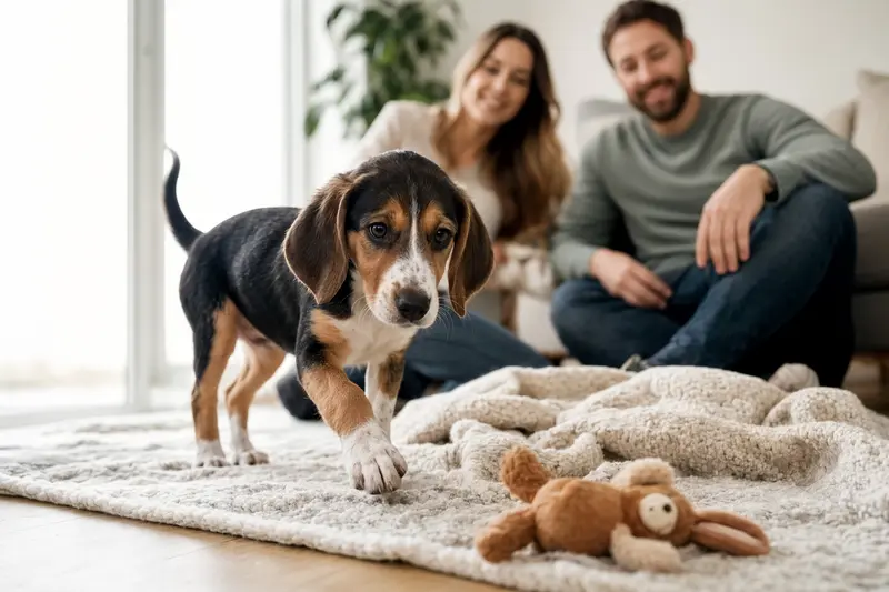 Ein neugieriger Jugoslavenski Trobojni Gonic Welpe entdeckt mit Freude sein neues Zuhause, umgeben von einer liebevollen Familie.