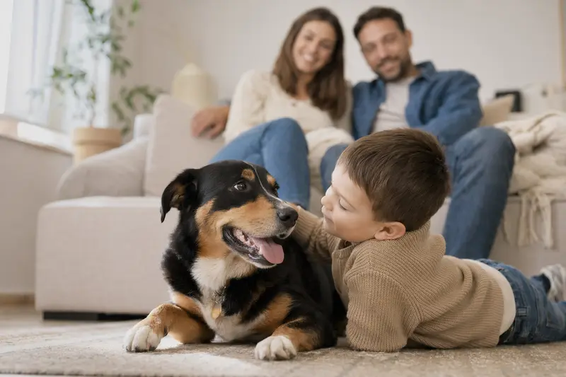 Ein Jugoslawische Dreifarbige Hund liegt entspannt neben einem Kind im hellen Wohnzimmer, während die Eltern im Hintergrund eine sichere Familienatmosphäre schaffen.