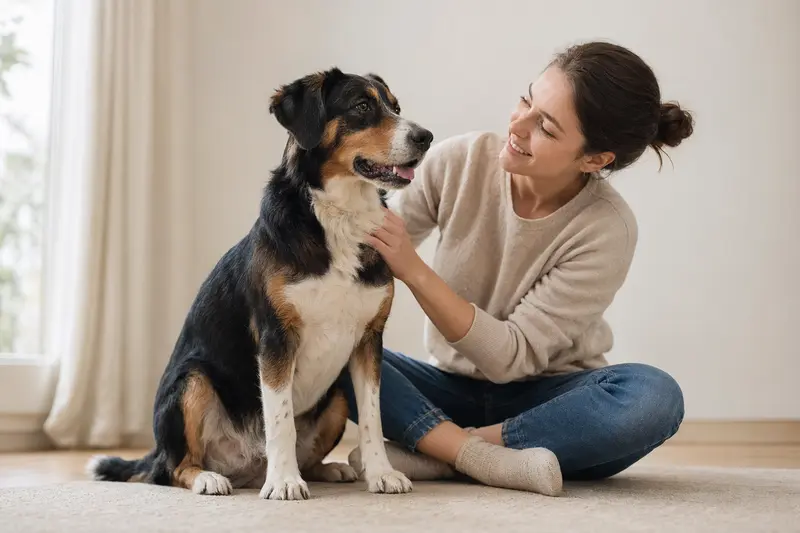 Ein Jugoslawischer Dreifarbiger Hund steht aufmerksam vor hellem neutralem Hintergrund und zeigt seine typische Fellzeichnung.