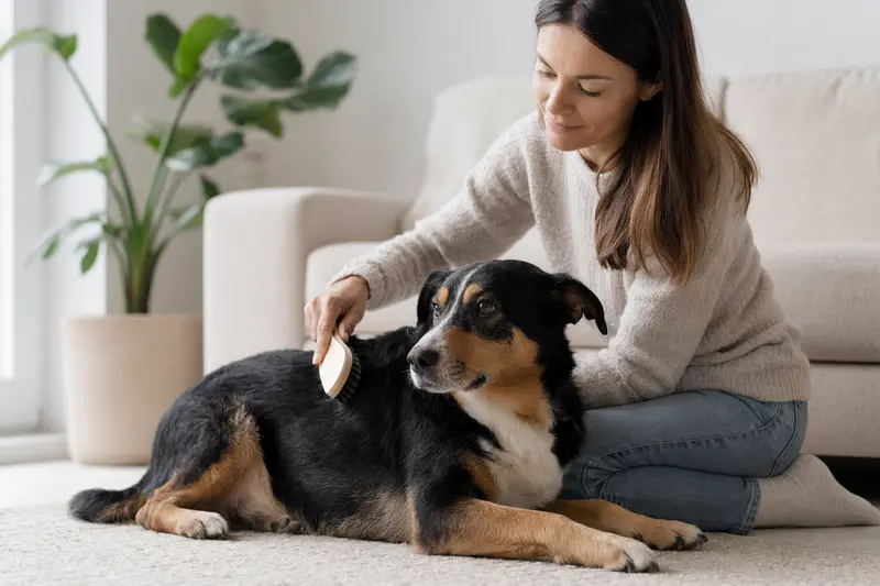 Ein Jugoslawischer Dreifarbiger Hund wird in einer hellen Wohnung sanft gebürstet, während sein Besitzer liebevoll die Fellpflege übernimmt.