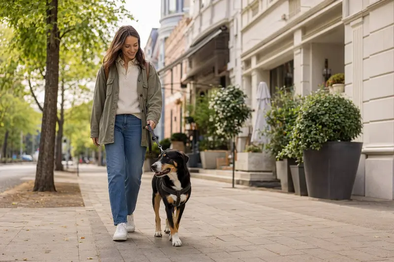 Ein Jugoslawische Dreifarbige Hund läuft an der Leine mit seinem Besitzer durch eine moderne Stadtstraße.