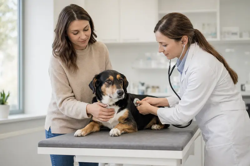 Ein ruhiger jugoslawischer Dreifarbiger Hund wird von einer freundlichen Tierärztin mit einem Stethoskop in einer modernen Tierarztpraxis untersucht, während der Besitzer beruhigend danebensteht.