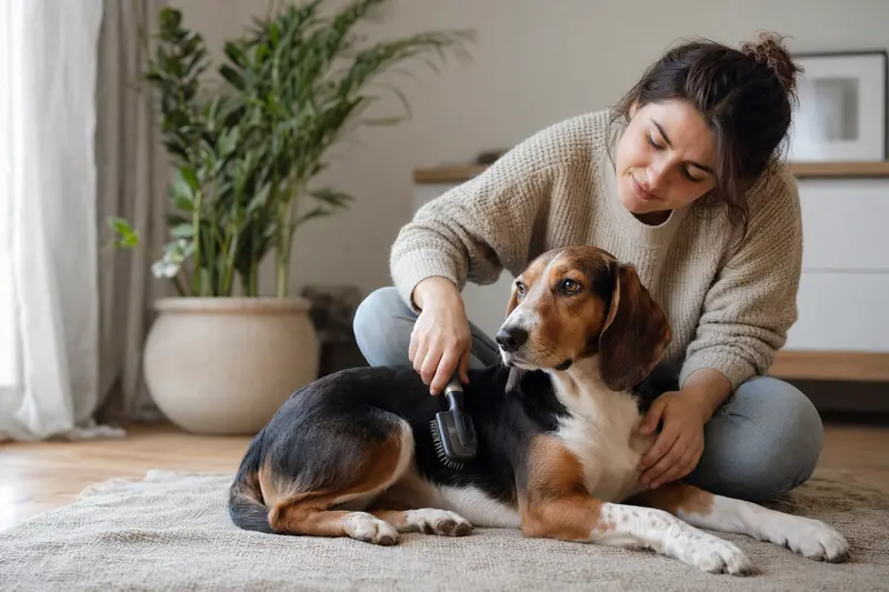 Ein Jugoslawische Dreifarbige Bracke Hund wird in einer hellen Wohnung sanft gebürstet, während sein Besitzer aufmerksam die Fellpflege übernimmt.