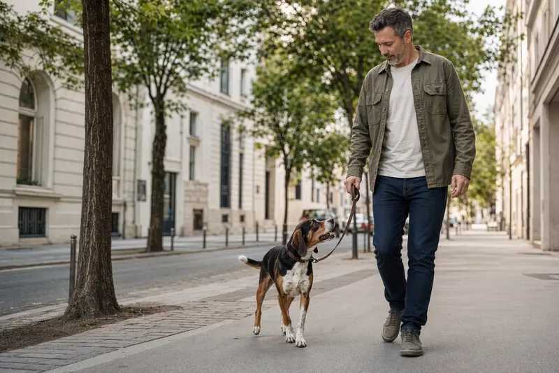Ein Jugoslawische Dreifarbige Bracke Hund läuft an der Leine mit seinem Besitzer durch eine freundliche moderne Stadtstraße.