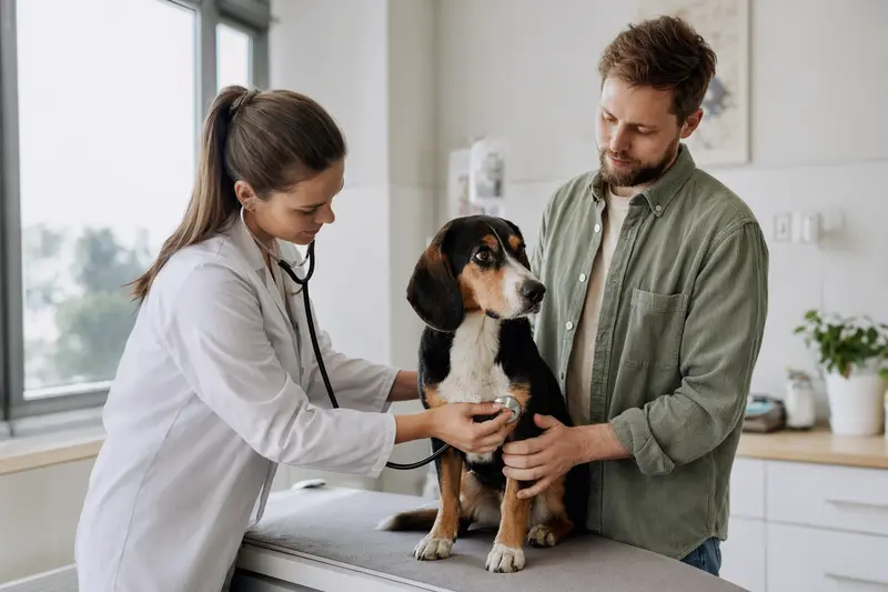 Ein jugoslawischer dreifarbiger Bracke Hund wird von einer Tierärztin in einer modernen Praxis mit einem Stethoskop untersucht, während der Besitzer beruhigend daneben steht.