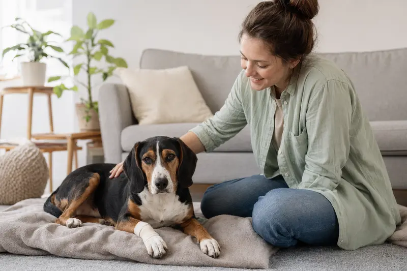 Ein Jugoslawischer Dreifarbiger Bracke Hund mit leichtem Verband an der Pfote liegt entspannt auf einer Decke, während sein erleichterter Besitzer neben ihm sitzt.