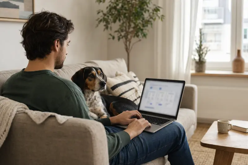 Ein Hundebesitzer arbeitet am Laptop auf dem Sofa, während ein Jugoslawischer Dreifarbiger Bracke neben ihm sitzt, was für die Absicherung von Haustieren spricht.