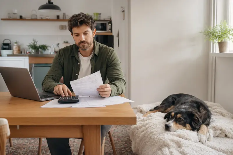 Ein Hundebesitzer sitzt mit einer Tierarztrechnung am Tisch, während ein entspannter jugoslawischer Dreifarbiger Hund auf einer Decke liegt.