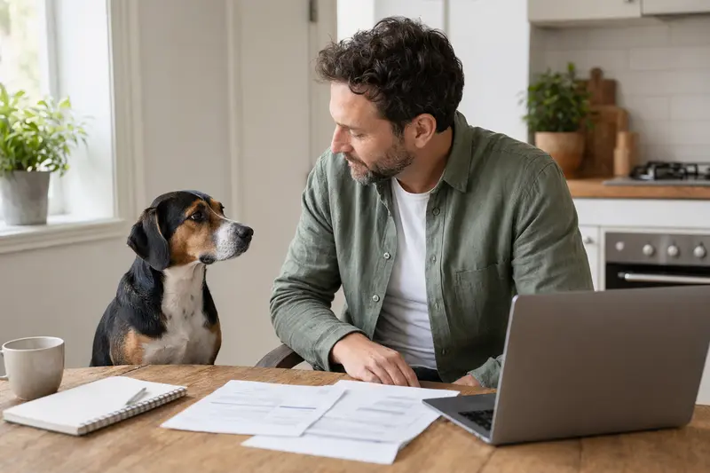 Ein ruhiger Jugoslawischer Dreifarbiger Hund sitzt neben seinem Besitzer am Küchentisch, auf dem Versicherungsunterlagen und ein Laptop liegen.