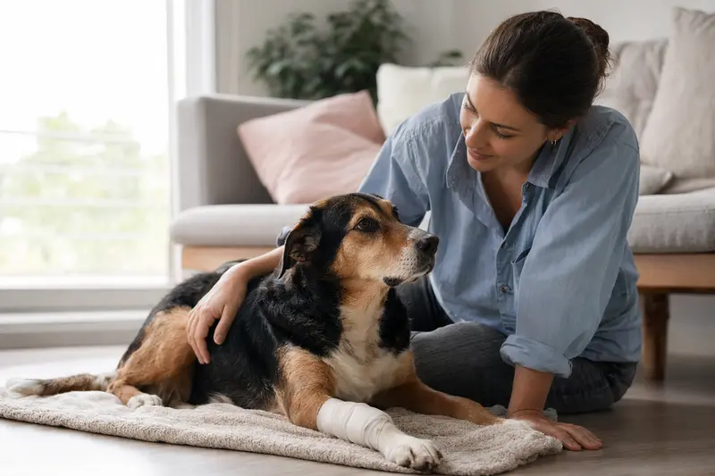 Ein jugoslawischer dreifarbiger Hund mit leichtem Verband an der Pfote entspannt neben seinem erleichterten Besitzer in einer hellen Wohnung.