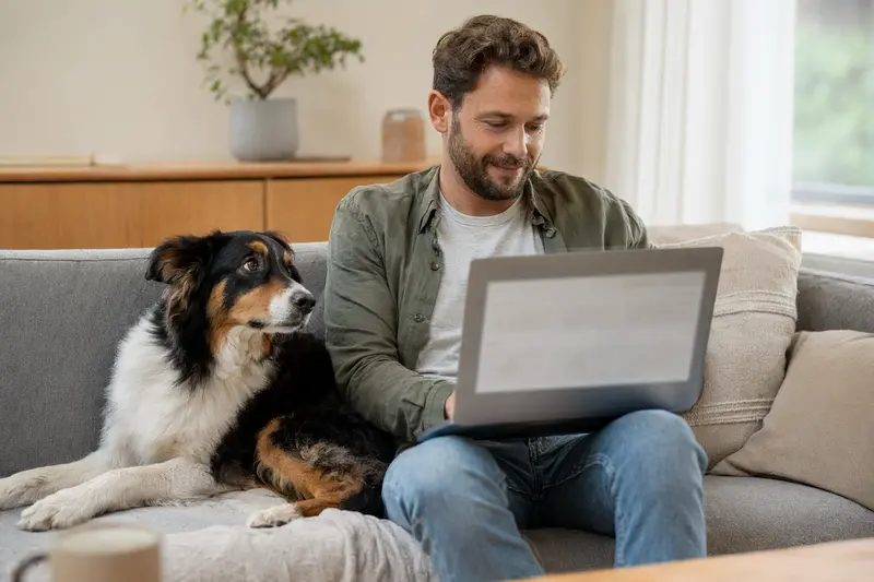 Ein Hundebesitzer sitzt mit einem Laptop auf dem Sofa, während ein dreifarbiger jugoslawischer Hund neben ihm liegt und sie gemeinsam eine Versicherungsvergleichs-Oberfläche betrachten.