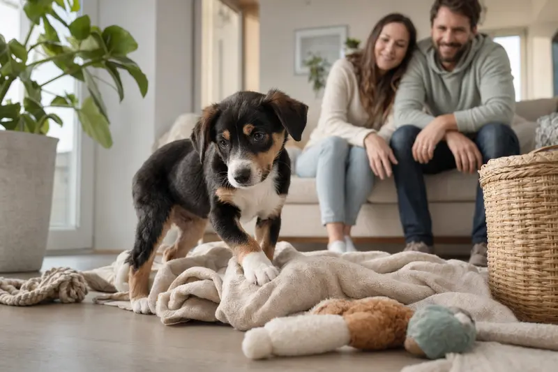 Ein neugieriger, junger Jugoslawischer Dreifarbiger Welpe erkundet sein neues Zuhause auf einer weichen Decke, umgeben von Spielzeug und einer liebevollen Familie.