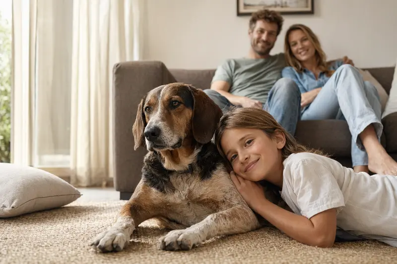 Ein freundlicher Jura Laufhund liegt entspannt neben einem Kind im Wohnzimmer, während die Eltern im Hintergrund eine sichere und warme Familienatmosphäre schaffen.