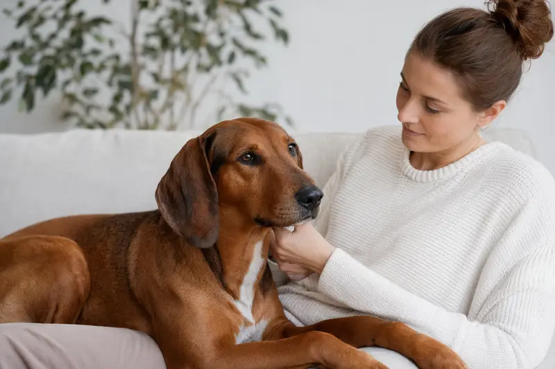 Ein aufmerksamer Jura Laufhund steht in natürlicher Haltung vor hellem Hintergrund und zeigt die typische Körperform und Fellstruktur der Rasse.
