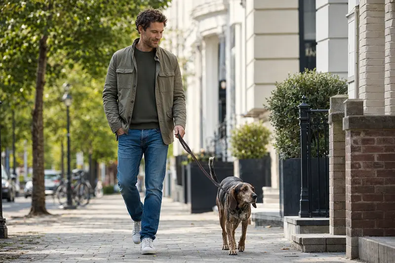 Ein Jura Laufhund läuft an der Leine mit seinem Besitzer durch eine moderne Stadtstraße im Alltag.
