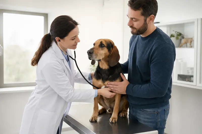 Ein Jura Laufhund wird von einer freundlichen Tierärztin mit einem Stethoskop in einer hellen Tierarztpraxis untersucht.