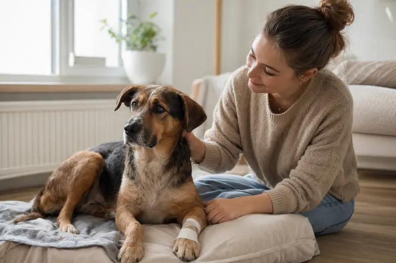 Ein Jura Laufhund mit Verband an der Pfote liegt entspannt auf einer Decke neben seinem erleichterten Besitzer in einer hellen Wohnung.