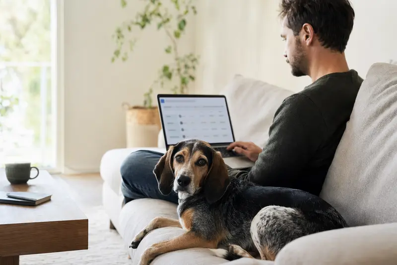 Besitzer sitzt mit Laptop auf dem Sofa, neben ihm ein Jura Laufhund, die Vergleichsseite für Tierversicherungen ist unscharf im Hintergrund.