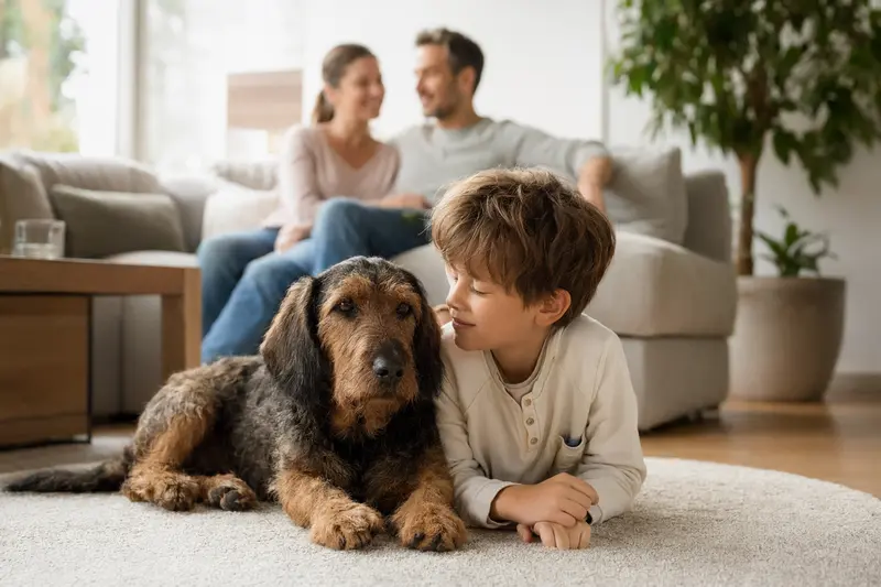 Ein freundlicher Jura Niederlaufhund liegt entspannt neben einem Kind im Wohnzimmer, während die Eltern im Hintergrund für eine sichere Familienatmosphäre sorgen.
