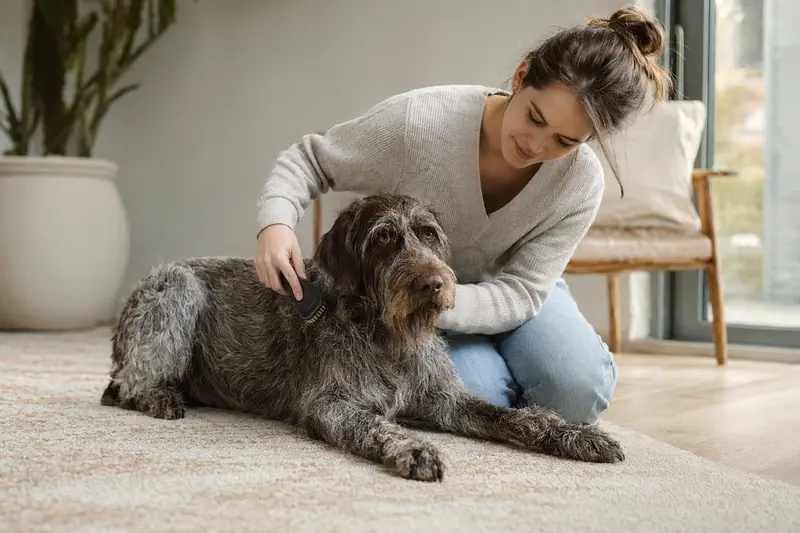 Ein Jura Niederlaufhund wird in der Wohnung sanft gebürstet, während sein Besitzer liebevoll die Fellpflege übernimmt.