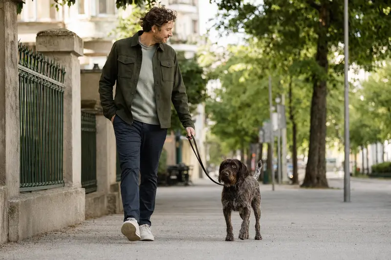 Ein Jura Niederlaufhund läuft an der Leine mit seinem Besitzer durch eine freundliche moderne Stadtstraße.