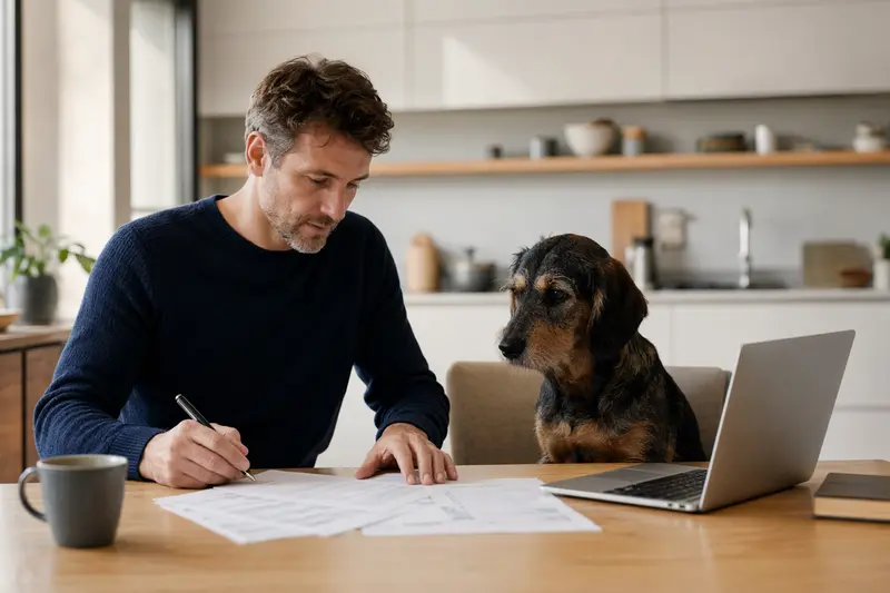 Ein Jura Niederlaufhund sitzt neben seinem Besitzer am Küchentisch, auf dem Versicherungsunterlagen und ein Laptop liegen.