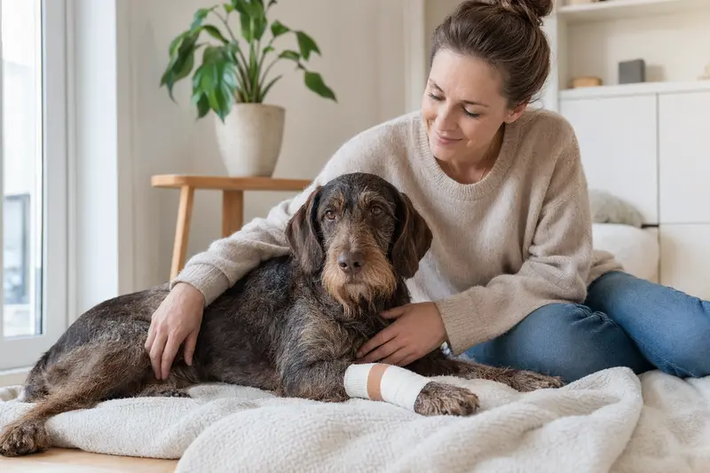 Ein Jura Niederlaufhund mit leichtem Verband entspannt auf einer Decke neben seinem erleichterten Besitzer in einer hellen Wohnung.