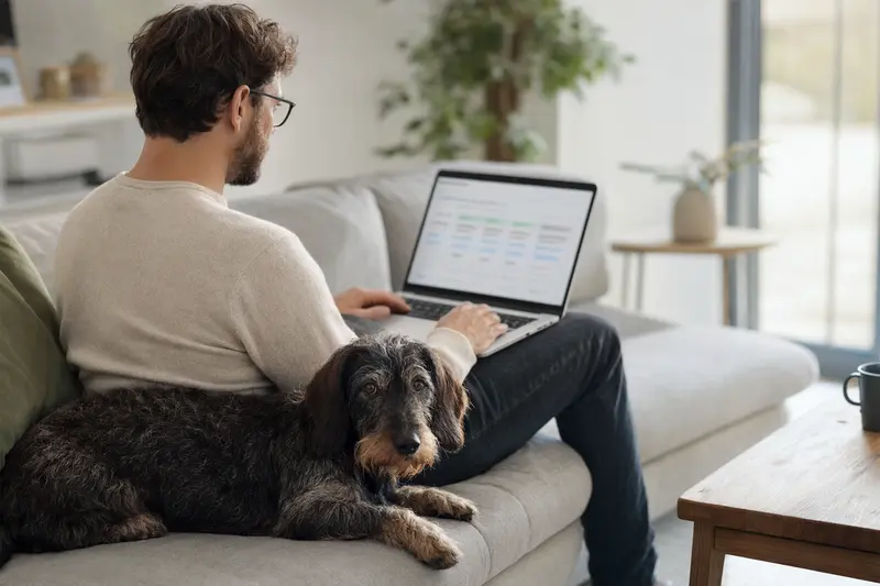 Ein Hund und ein Besitzer arbeiten entspannt auf dem Sofa, während sie einen Versicherungsvergleich für Tiergesundheit durchführen.