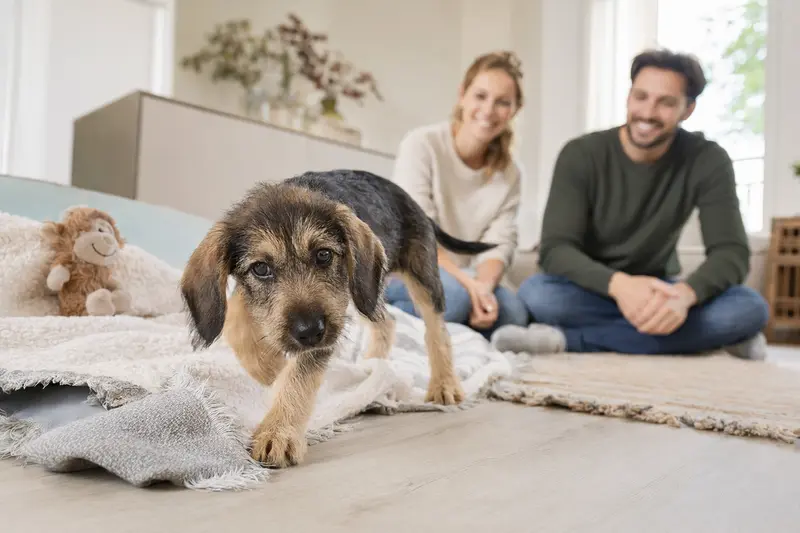 Ein junger Jura Niederlaufhund Welpe erkundet neugierig sein neues Zuhause mit weicher Decke und Spielzeug.