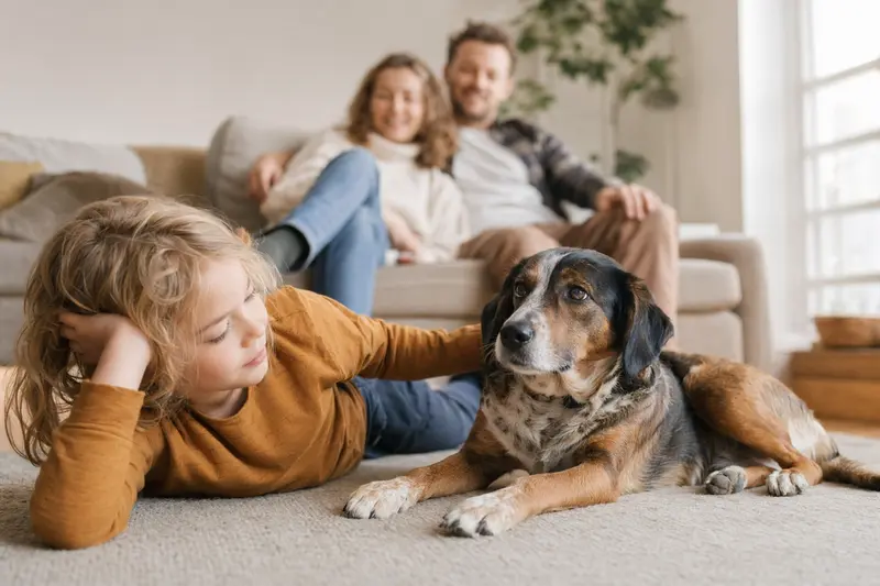 Ein Jura Laufhund liegt entspannt neben einem Kind im Wohnzimmer, während die Eltern im Hintergrund stehen und eine sichere Familienatmosphäre entsteht.