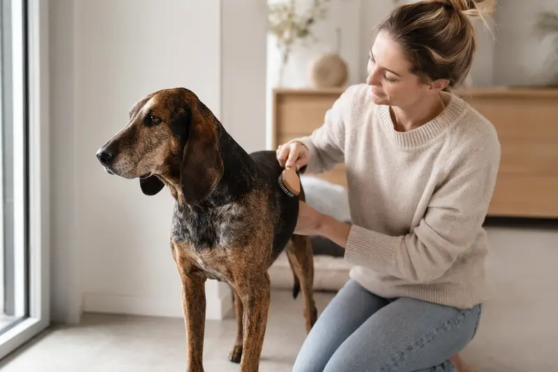 Ein Jura Laufhund wird zuhause sanft gebürstet, während der Besitzer die Fellpflege liebevoll übernimmt.